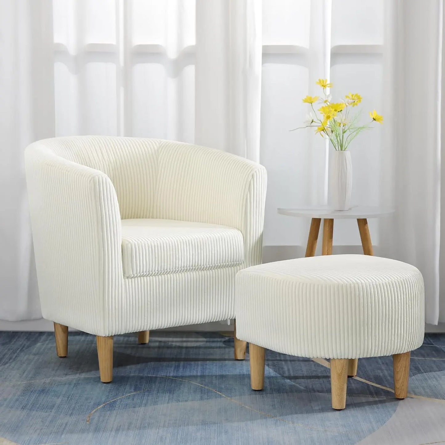 Leather Chair, Accent Chair Mid Century Modern with Ottoman Faux Barrel Comfy Armchair Upholstered Club Tub Round Arms for Livin