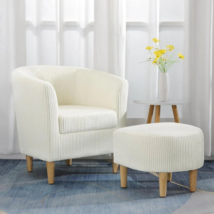 Leather Chair, Accent Chair Mid Century Modern with Ottoman Faux Barrel Comfy Armchair Upholstered Club Tub Round Arms for Livin