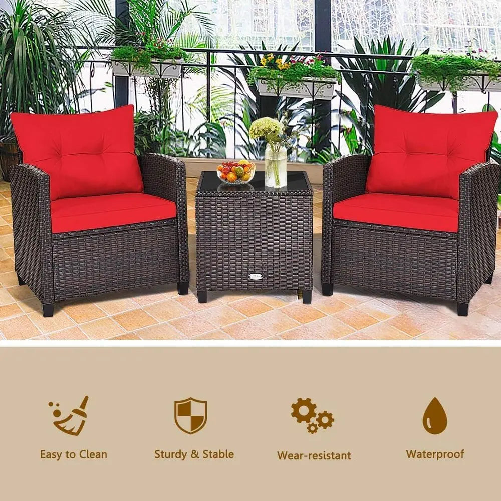 3-Piece PE Rattan Outdoor Sofa Set with Cushions and Glass Table for Patio, Balcony, Garden, Poolside (Red)