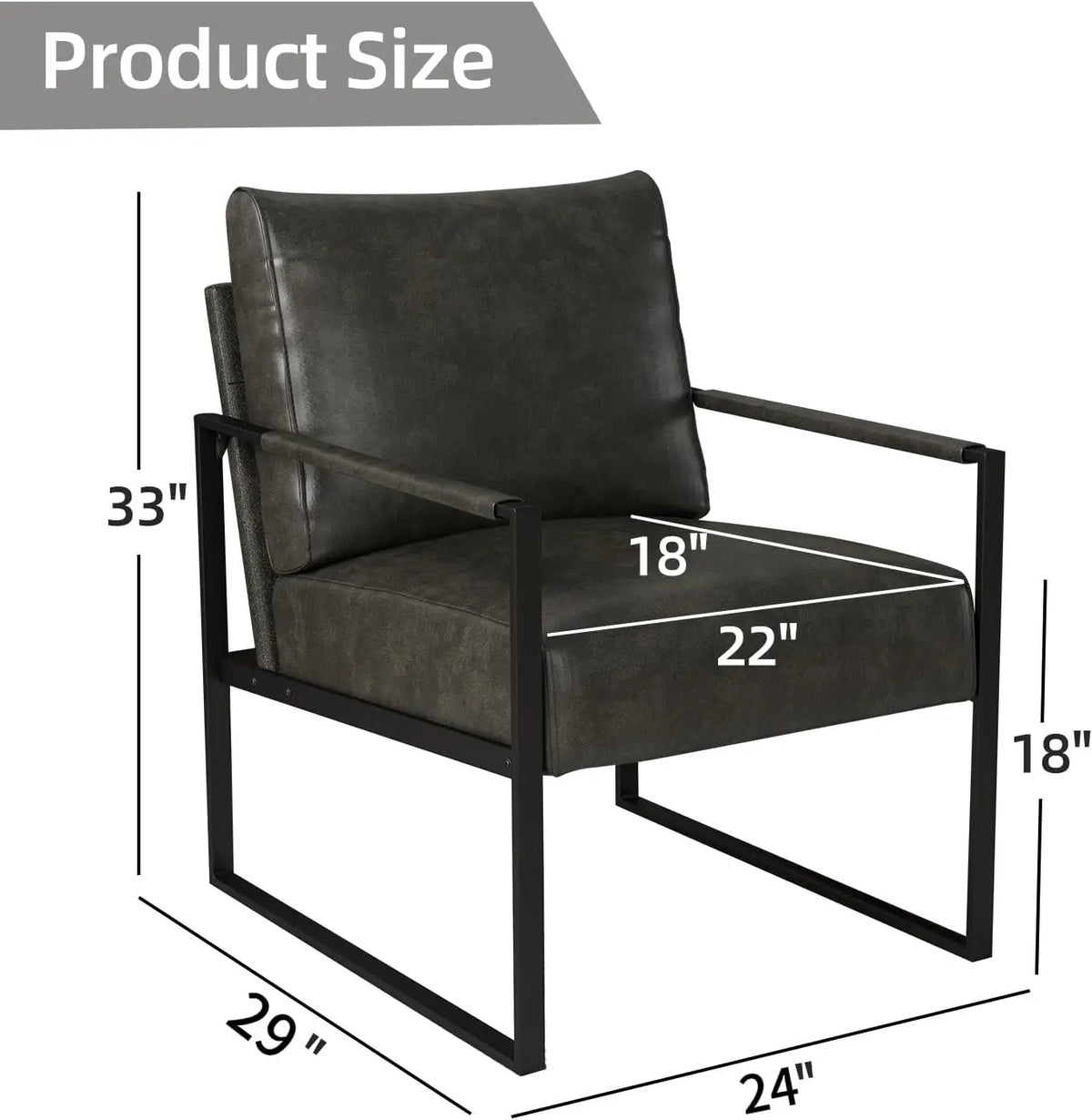 Leather Accent Chair with Metal Frame, Comfy Living Room Chair with Plump Backrest and Cushion, Mid Century Modern Chair w