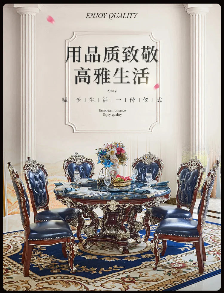 HLZ European Style Dining Table New Luxury High-End Solid Wood Home Marble French Retro Table and Chair Set Villa