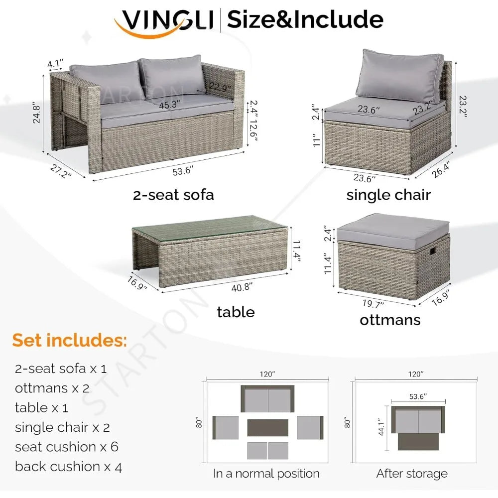 6-Piece Outdoor Wicker Sectional Furniture Set ，Space-Saving Design and Ottomans for Patio Conversation Area