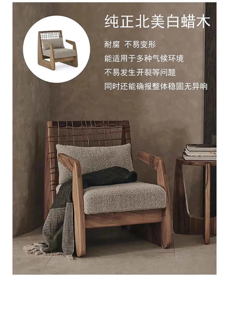Medieval Style Solid Wood Rope Leisure Chair Retro Single Sofa Chair Wabi-sabi High-end Home Cafe Rattan Single Chair