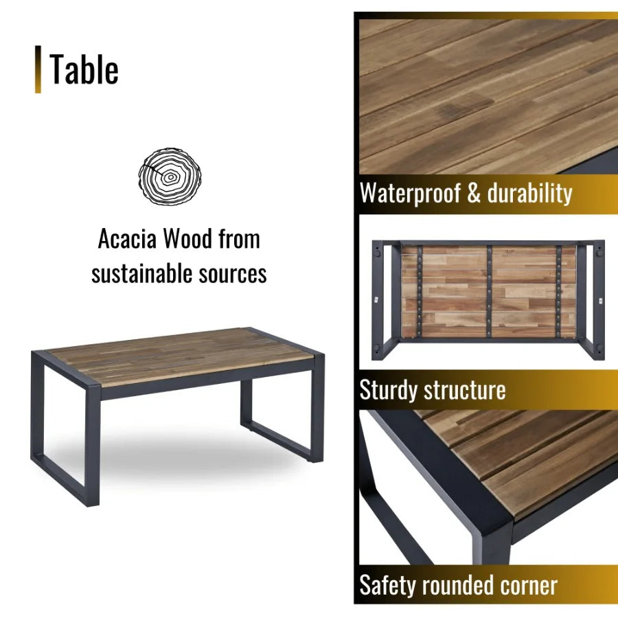 4Piece Patio Furniture Set Outdoor Balcony Porch Garden Backyard Lawn Furniture Acacia Wood Table Top Morden Brown and Beige Cu