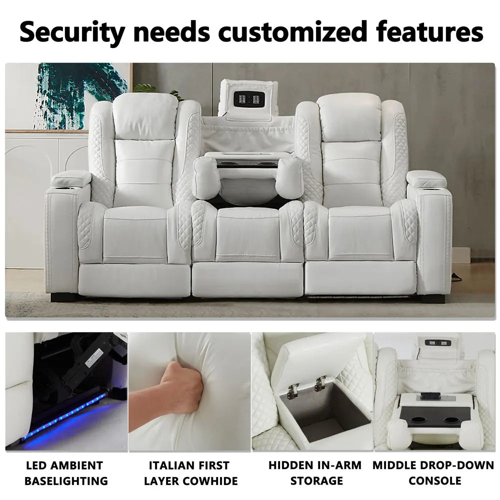 Luxury Power Recliner White Leather Sofa for Home Theater Electric VIP Cinema Sofa Set with Extendable Feature for Lay Down