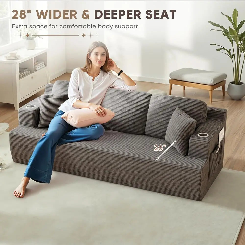 87” BonelSoa Couch with 2 Pillows Extra Deep Seats, Corduroy abric 3 Seater Soa or Living Room with Cup Holder & Storage ket Uph