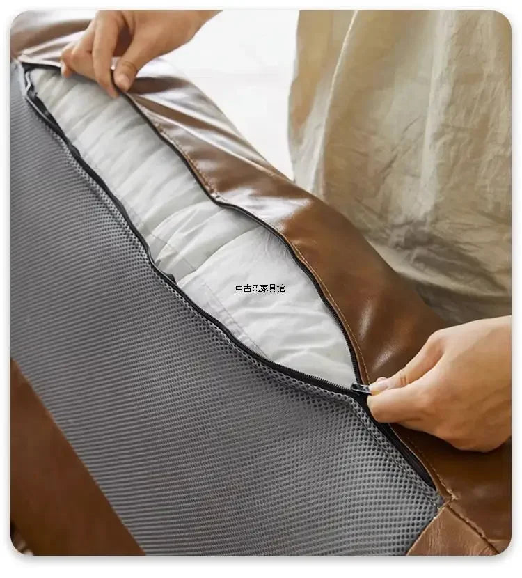 TTTTMedieval Oil Wax Leather Creative Sofa Living Room Retro Old Caramel Color Large Straight Row Sofa