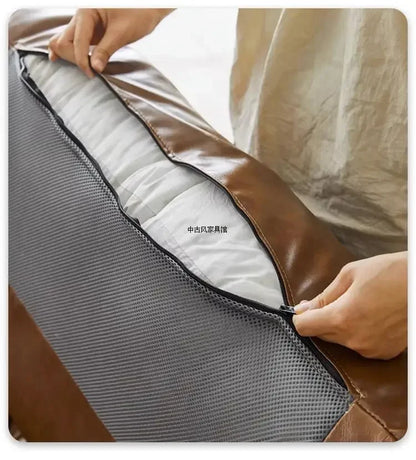 TTTTMedieval Oil Wax Leather Creative Sofa Living Room Retro Old Caramel Color Large Straight Row Sofa