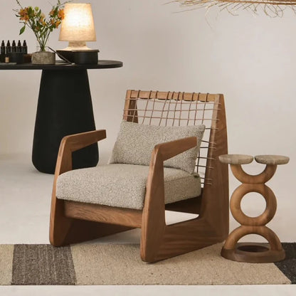 Medieval Style Solid Wood Rope Leisure Chair Retro Single Sofa Chair Wabi-sabi High-end Home Cafe Rattan Single Chair