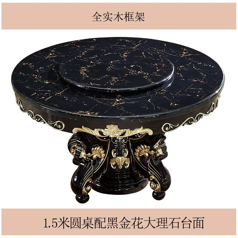 Luxury European dining table Large round table Marble dining table and chair combination American carved family