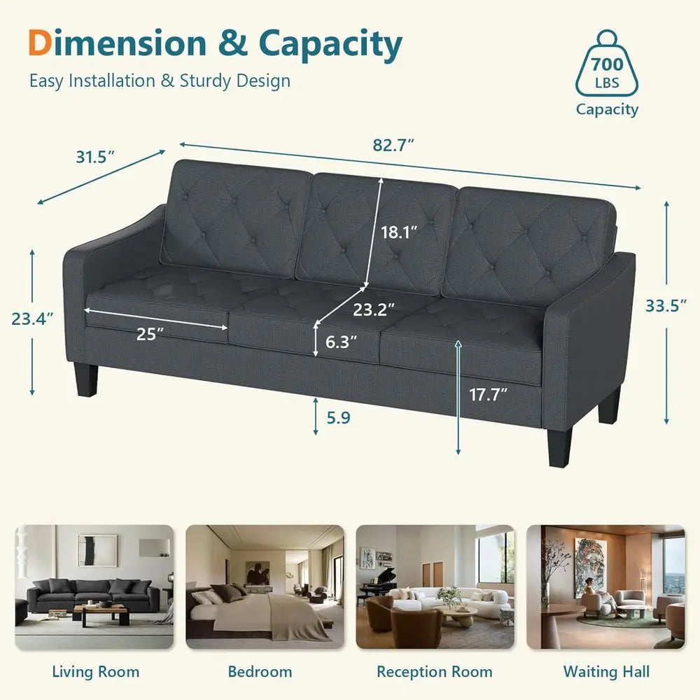 83” Century ern 3 Seater Couch, Small Couches or Living Room, Comy Grey Couch or Aparent Oice Waiting Area, Tuted Design (k Grey