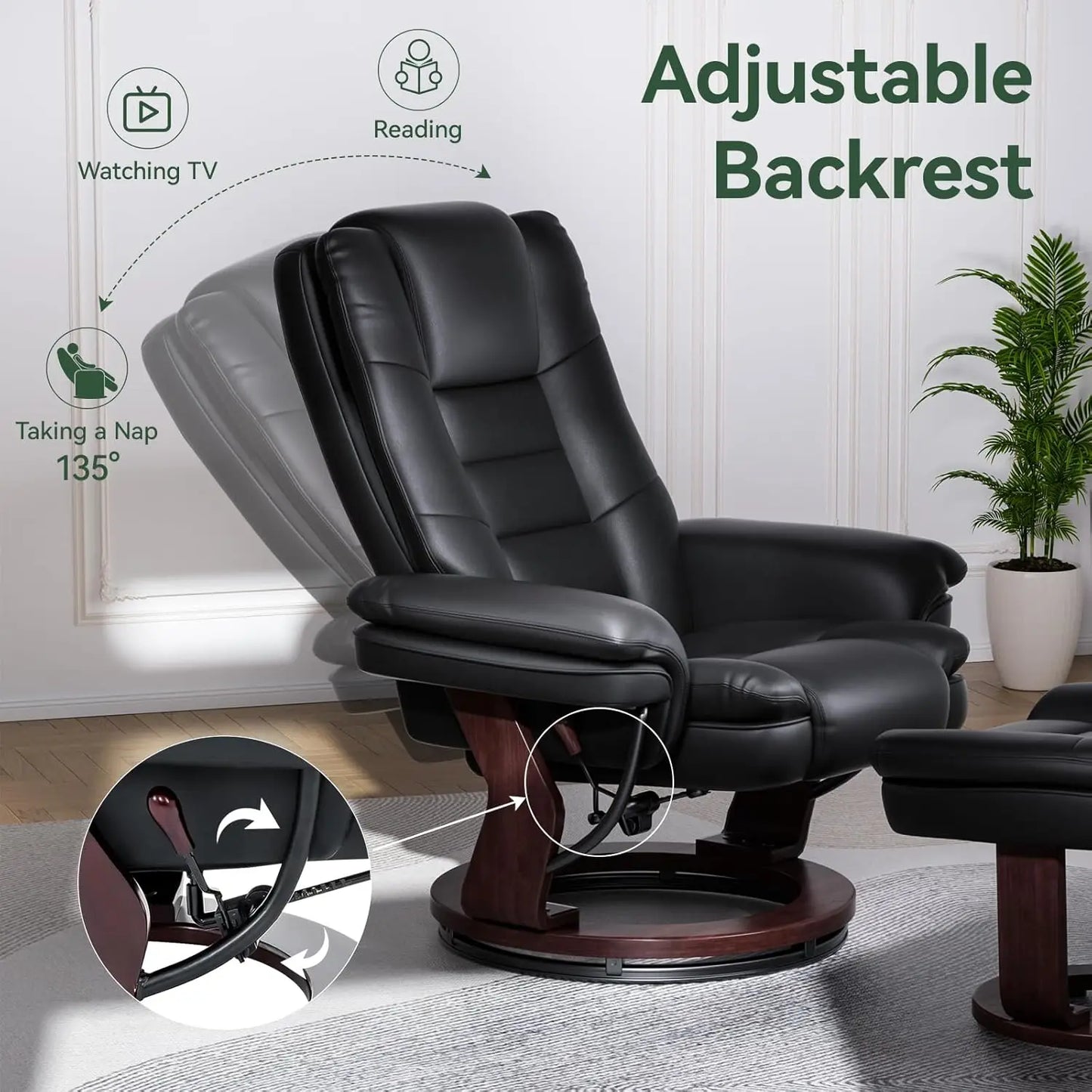 Modern Swivel Recliner Chair with Ottoman, Adjustable PU Leather, Thick Padded Cushion for Living Room, Bedroom