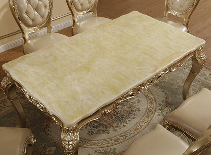 European-style Champagne Gold Dining Table and Chairs with Carvings, 1.6m Tables,  Carved Marble Long Dining Table and Chairs