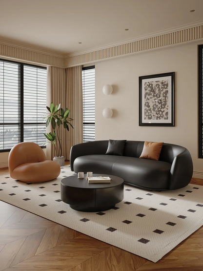 small apartment curved beauty salon Internet celebrity clothing store, rest area negotiation, black leather sofa