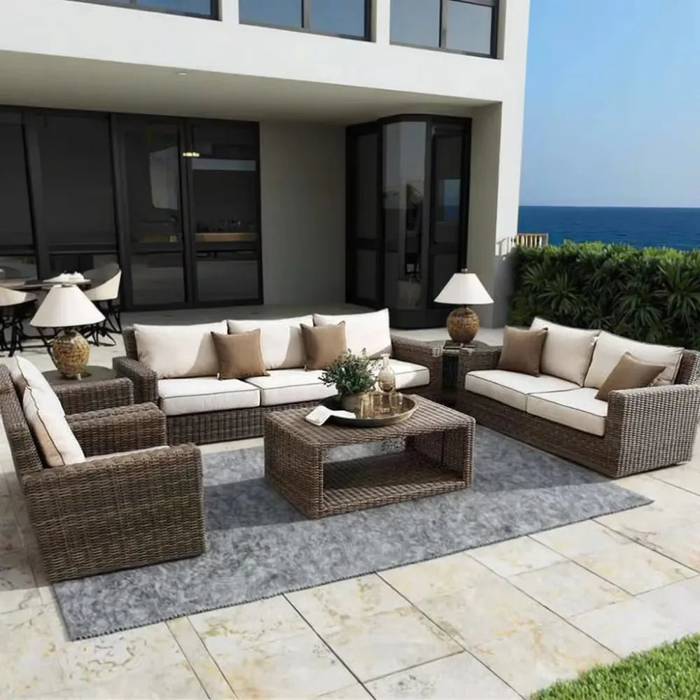 Modern Outdoor PE Rattan Furniture Set Wood Coffee Table & Balcony Living Room Sofas Patio Villa Courtyard Hotel Leisure Garden