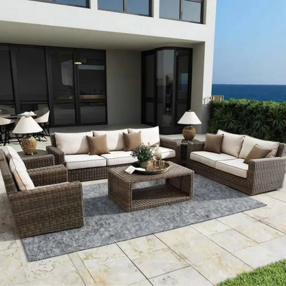 Modern Outdoor PE Rattan Furniture Set Wood Coffee Table & Balcony Living Room Sofas Patio Villa Courtyard Hotel Leisure Garden