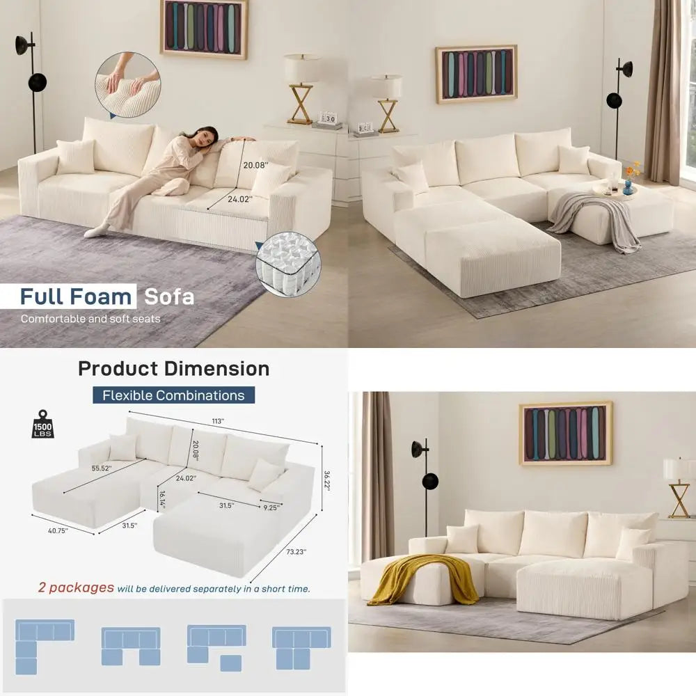 beige 113" sectional cloud boneless sofa, 3 seater u-shaped modern modular lounge couch for living room, no assembly required