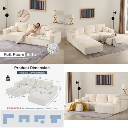 beige 113" sectional cloud boneless sofa, 3 seater u-shaped modern modular lounge couch for living room, no assembly required