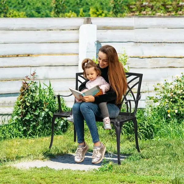 38in Outdoor Aluminum Garden Bench with Orchid Back, Antique Style for Patio, Porch, and Yard