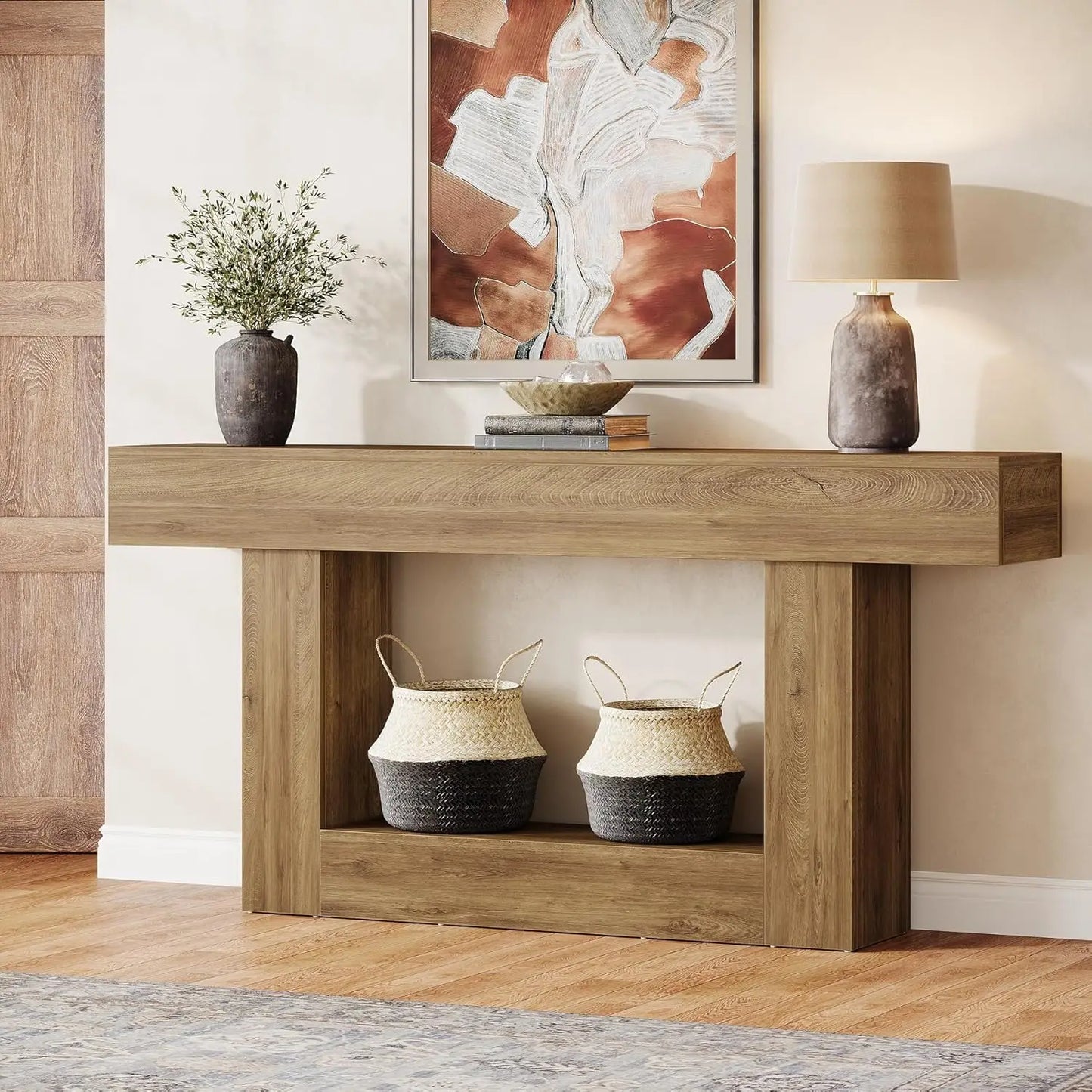 Rustic 2-Tier 63 Console Table with Storage for Entryway, Living Room, and Hallway in Brown & Gray