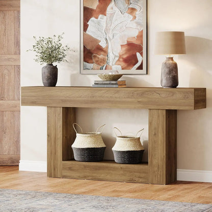 Rustic 2-Tier 63 Console Table with Storage for Entryway, Living Room, and Hallway in Brown & Gray