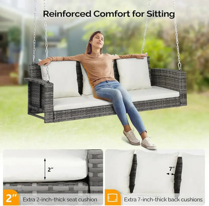 [XMSJ]Heavy Duty 800 LBS Wicker Hanging Porch Swing with Cushions & Chains, 5FT Outdoor Rattan Swing Bench for Garden, Yard, Law