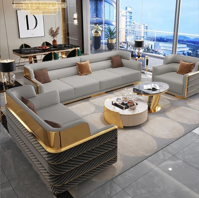 Luxury Furniture Italian Design Living Room Sofa Beige Velvet Fabric Upholstery Sofa Set Furniture for Villa