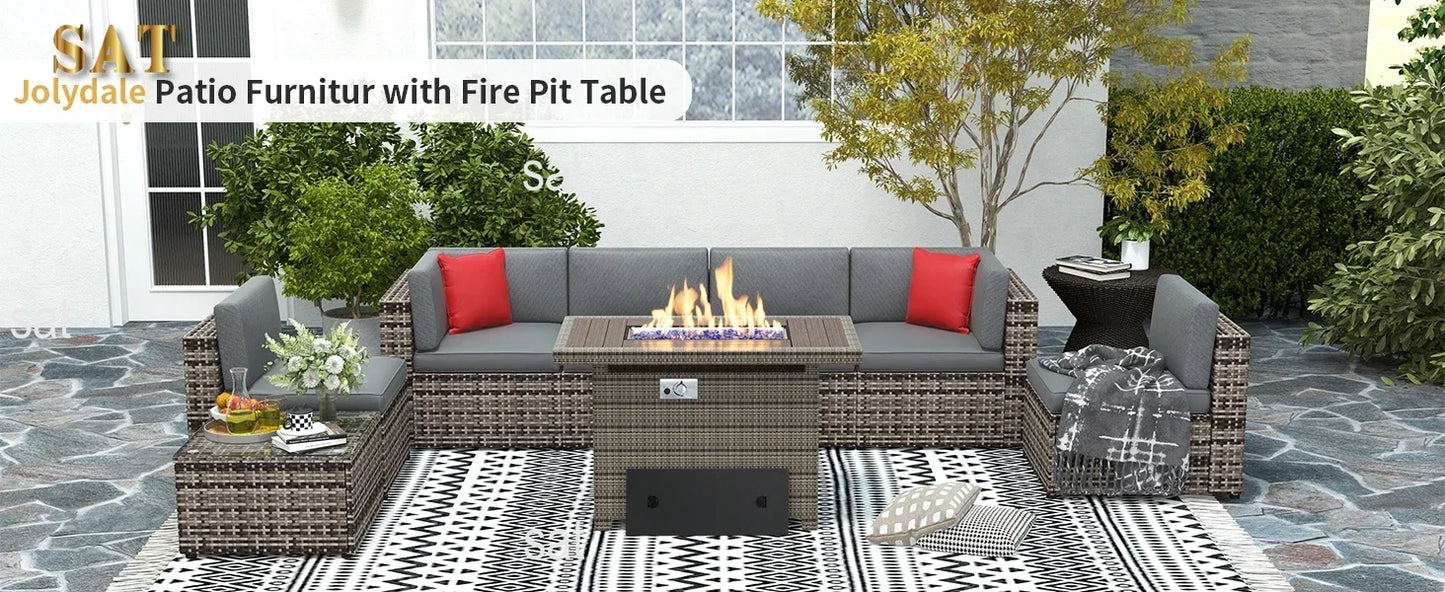 /Outdoor Patio Furniture 8 Pieces Set with 40" Fire Pit Table, Wicker Rattan Sectional Conversation Set with Coffee Table