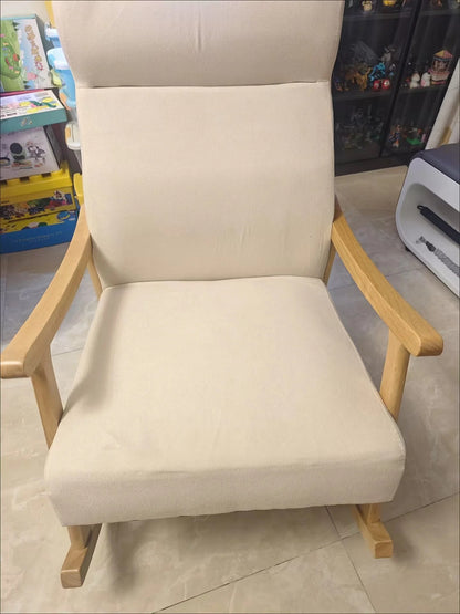 Wooden Rocking Chair Lounge Chair High Backrest Rocking Armchair Accent Chair with Lumber Pillow