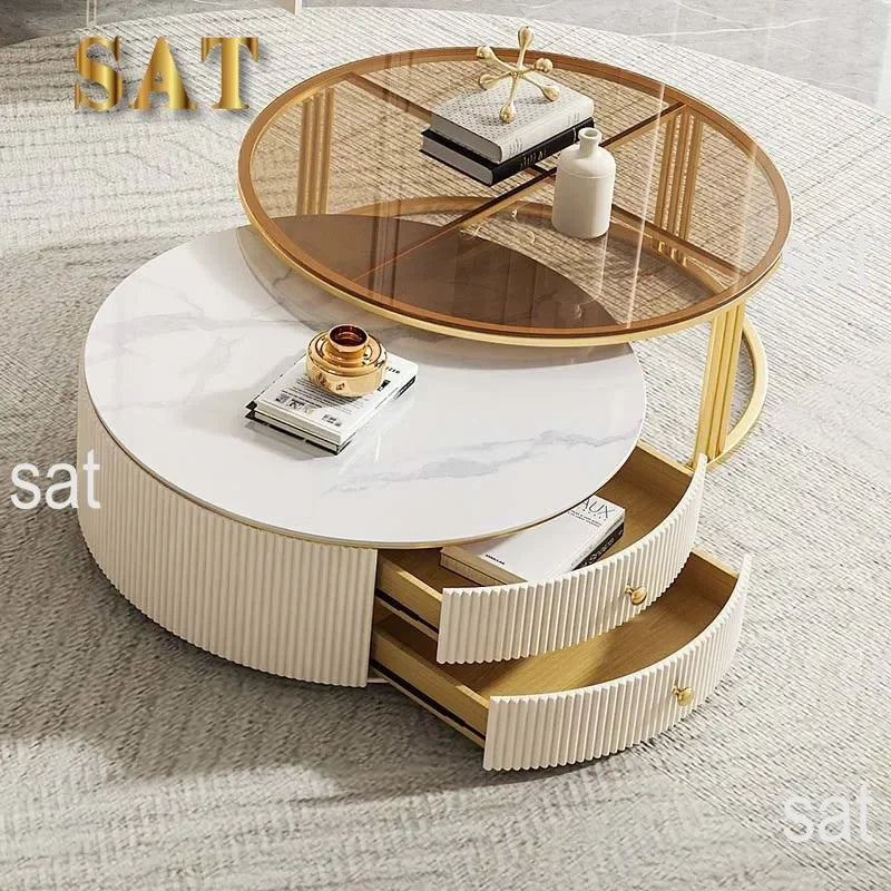 l # Modern Living Room Furniture Gold Base Stainless Steel Coffee Table White Stone Two Pieces Round Coffee Table And Tv Stand