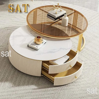 l # Modern Living Room Furniture Gold Base Stainless Steel Coffee Table White Stone Two Pieces Round Coffee Table And Tv Stand