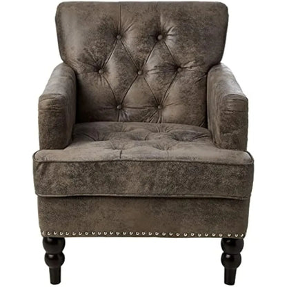 "medford brown upholstered club chair with fabric accents and nailhead trim"