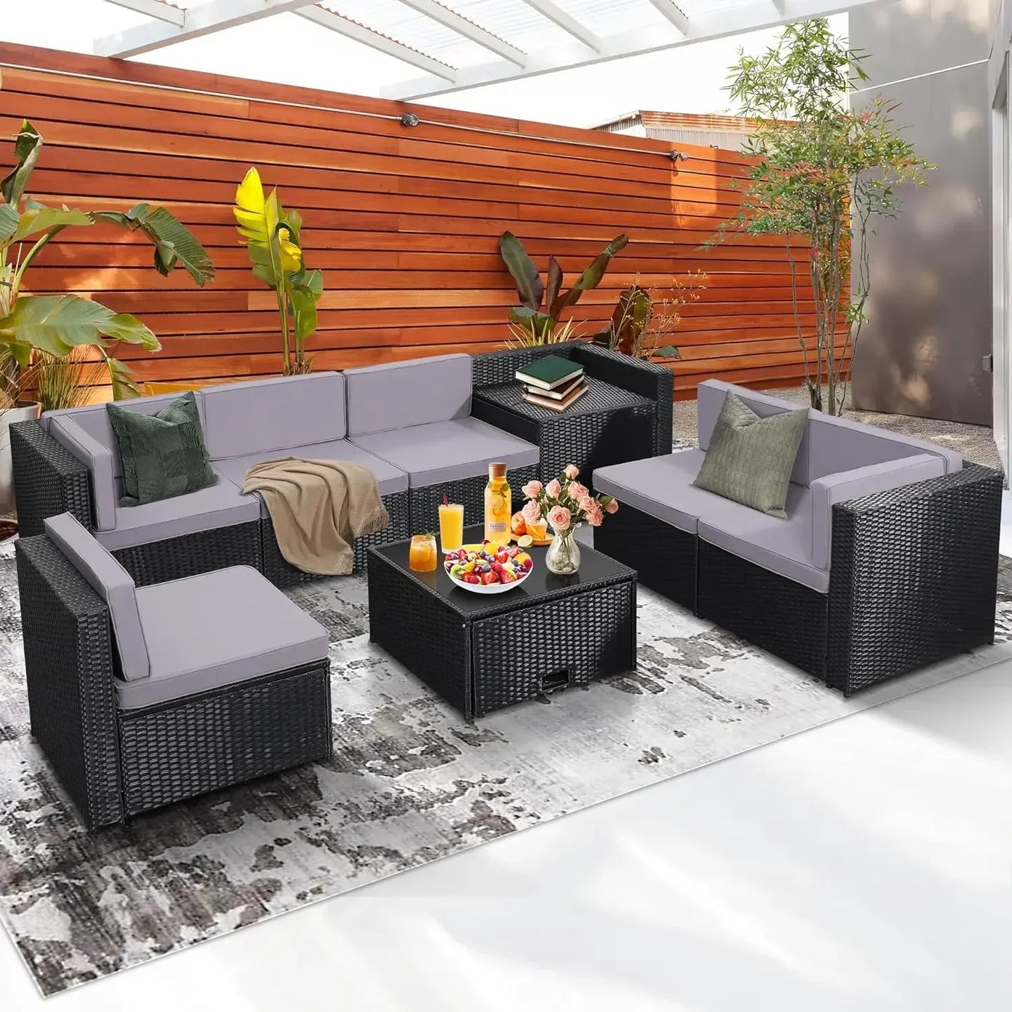 y 8-piece outdoor wicker terrace furniture set with large storage and glass tabletop, 7 padded sofas and 1 oversized table