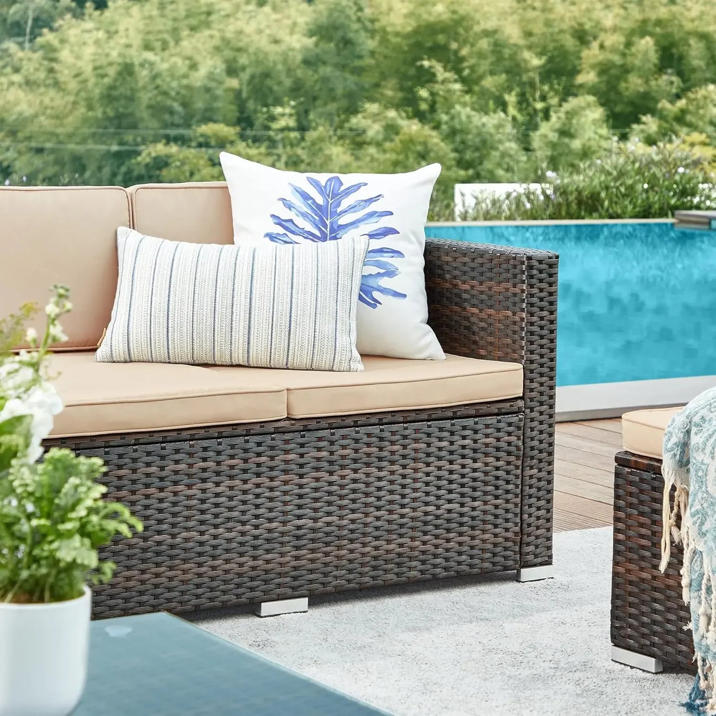 Rattan Garden Furniture Set, Outdoor Corner Sofa Couch, Handwoven Rattan Patio Conversation Set, Cushions and Glass Table