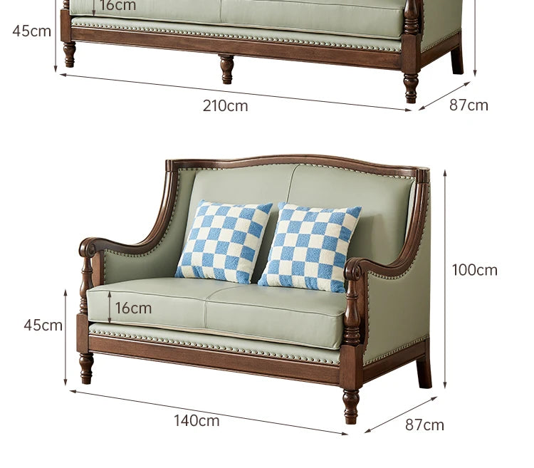 XL retro sofa walnut wood solid wood leather first layer cowhide combination sofa living room furniture
