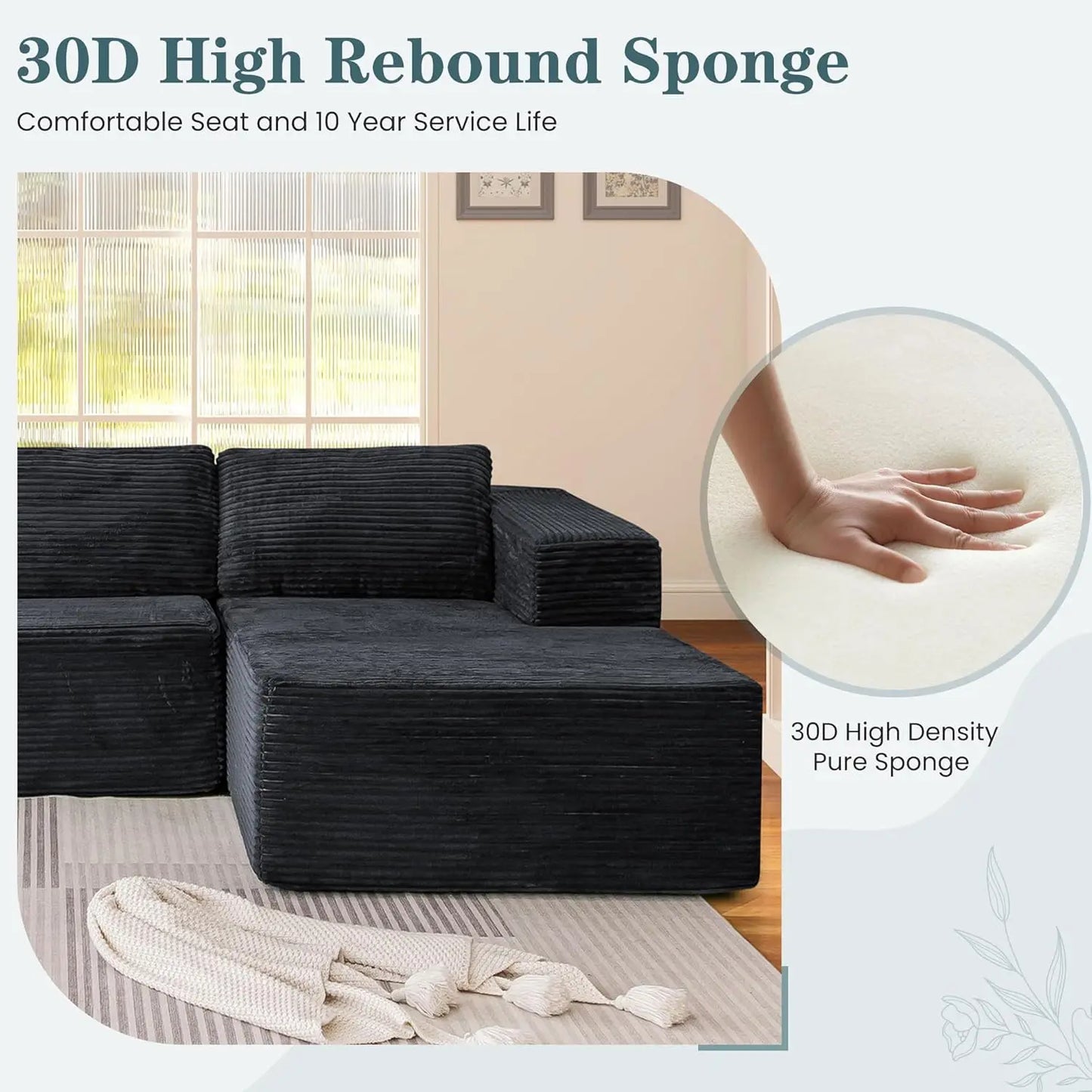 106" Cloud Sectional Couch with Chaise Lounge, L-Shape Modular Sectional Boneless Sofa with Deep Seat, Upholstered Couches for L