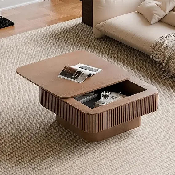 Square Coffee Table for Living Room,Fluted Drum Accent Tea Center Table with Storage,Solid Wood Modern Coffee Tables.
