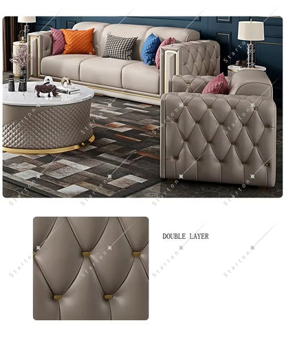 Wholesale Luxury Modern Gold Leg Genuine Leather Sectional L Shape Sofa for Living Room Reclinable Corner Sofa Set Furniture