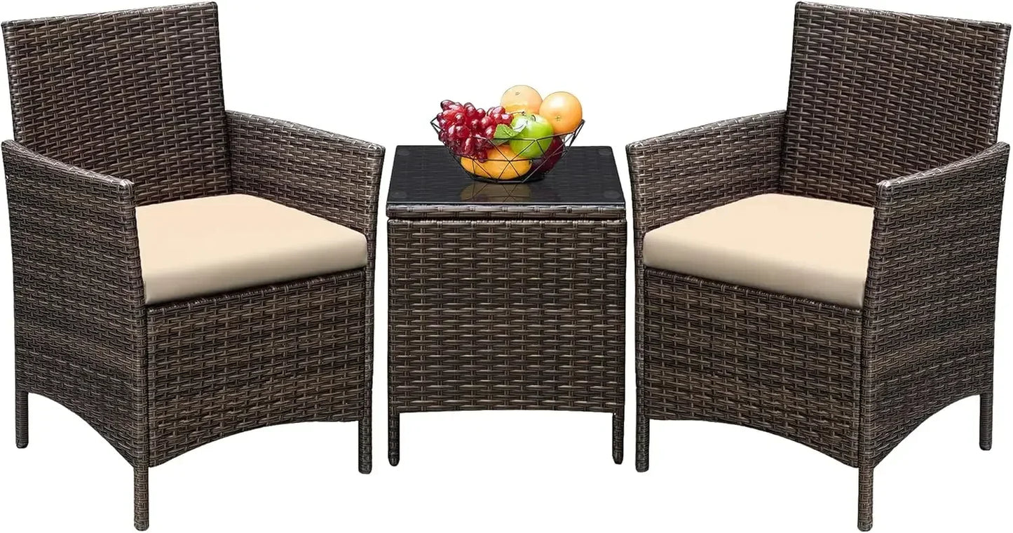 New2025-3 Pieces Patio Furniture Sets Outdoor PE Rattan Wicker Chairs with Soft Cushion and Glass Coffee Table for Garden Backya