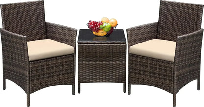New2025-3 Pieces Patio Furniture Sets Outdoor PE Rattan Wicker Chairs with Soft Cushion and Glass Coffee Table for Garden Backya