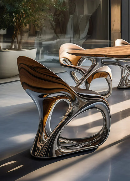 Steel and wood art light luxury dining tables and chairs, art luxury international pavilion furniture