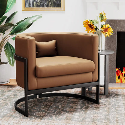 Velvet Upholstered Accent Chair with Gold Frame, Modern Barrel Armchair for Bedroom, Living Room, or Vanity Corner