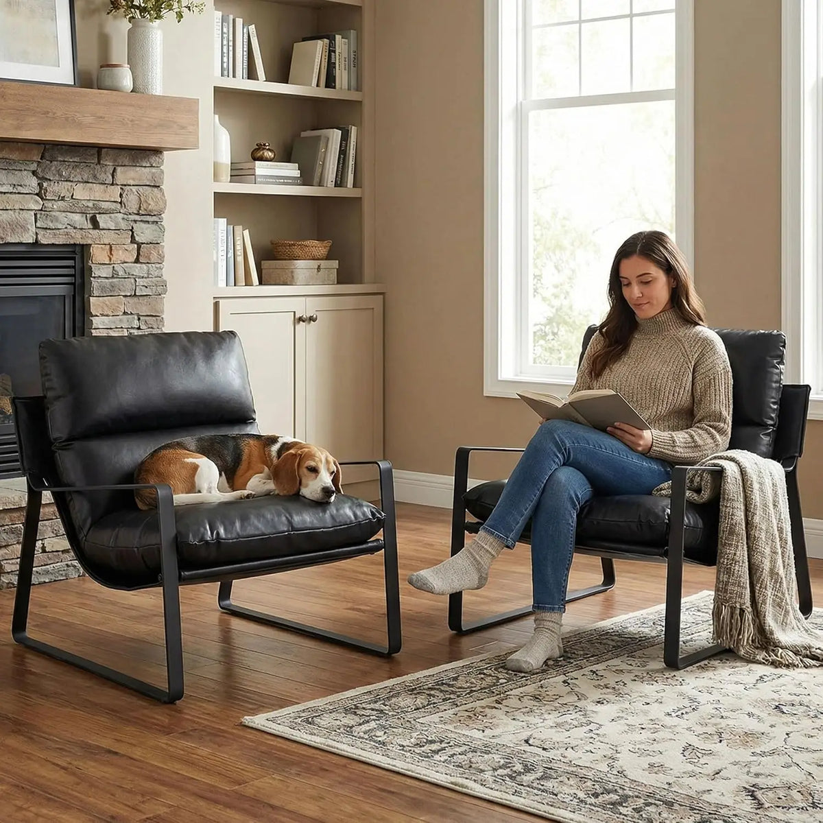 Modern PU Leather Office Chair with Metal Base Removable Cushion Comfy Lounge Chair for Living Room Bedroom Office Black