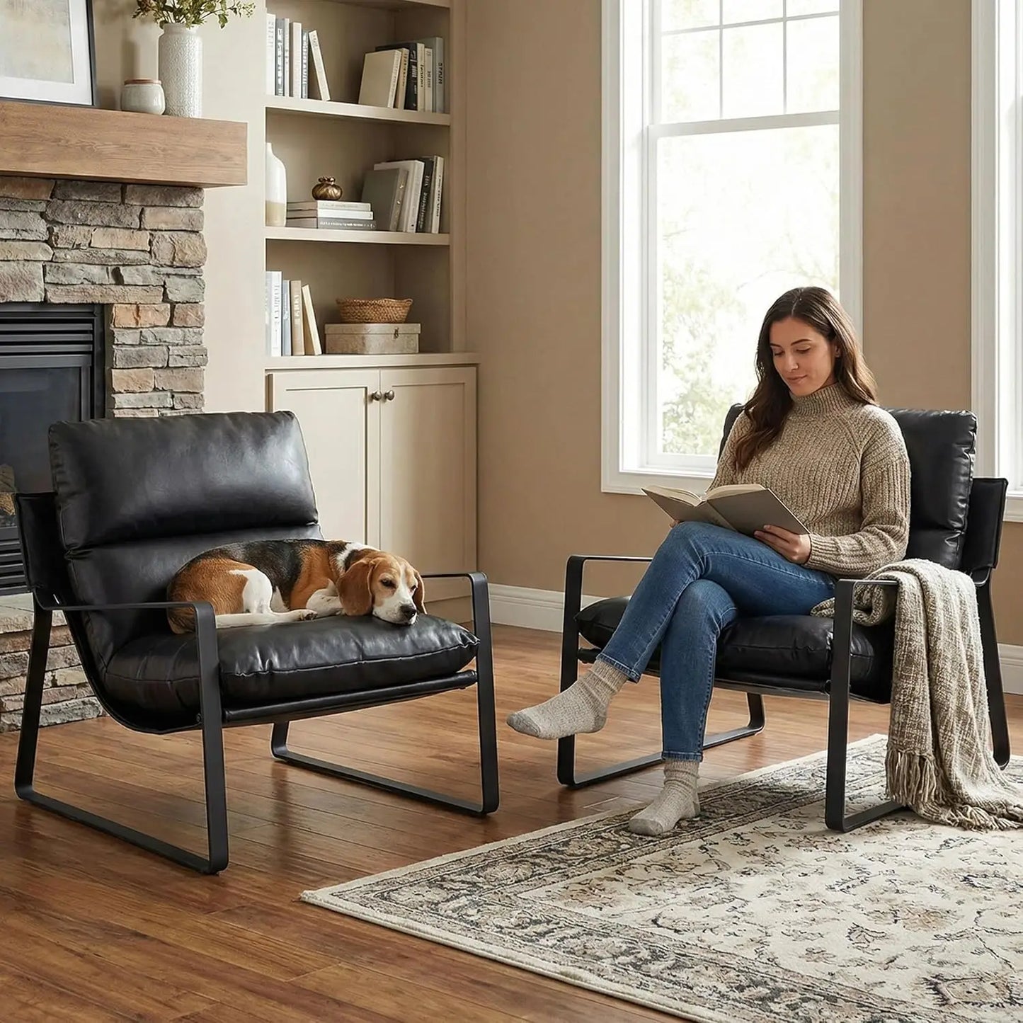 Modern PU Leather Office Chair with Metal Base Removable Cushion Comfy Lounge Chair for Living Room Bedroom Office Black