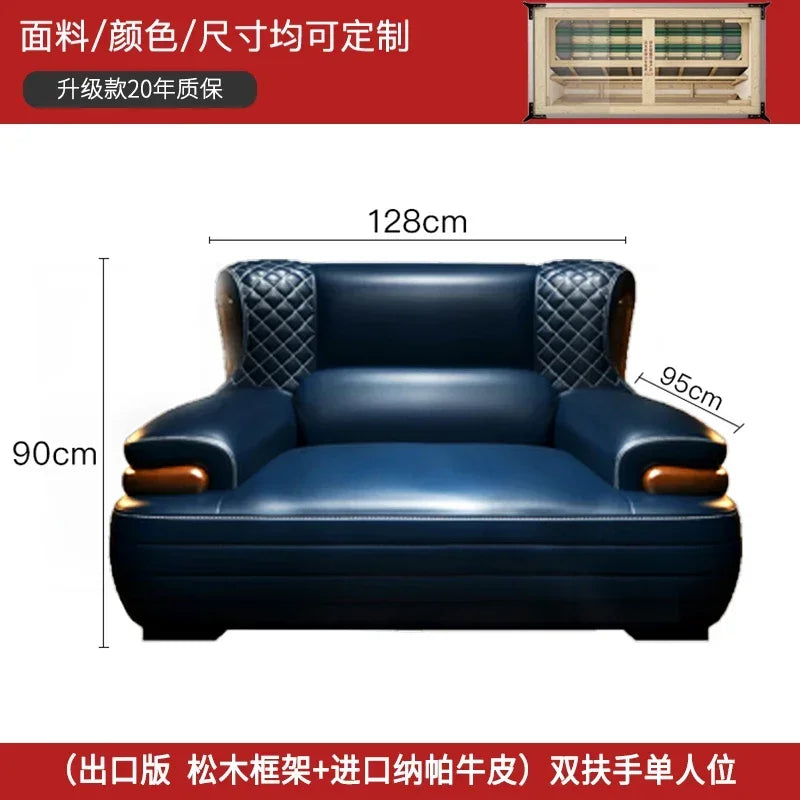 The first layer leather sofa high-grade villa solid wood high-end living room modern simple apartment blue Nordic style custom