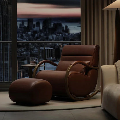 Solid wood leather lazy balcony leisure rocking chair bedroom living room household single sofa chair