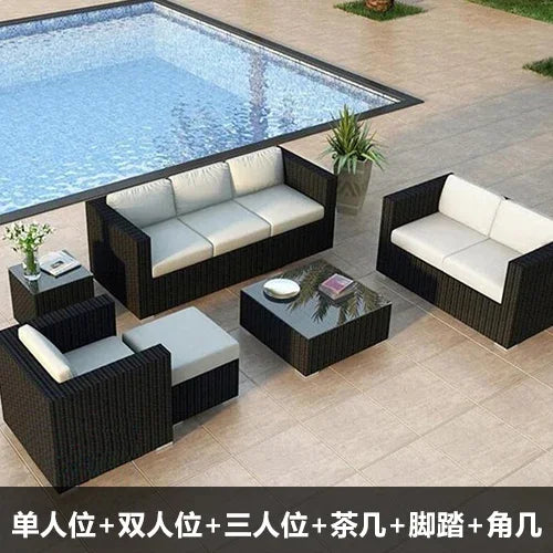 Outdoor rattan sofa, rainproof and sunscreen woven three piece set, tea table combination, outdoor furniture