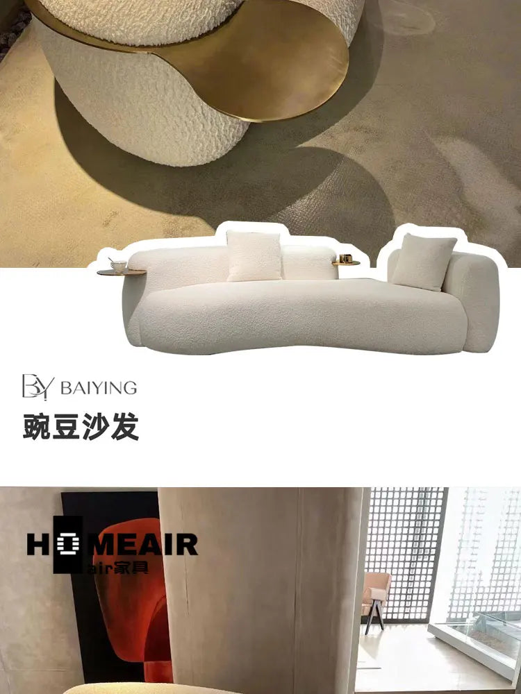Modern light luxury living room lamb wool curved pea sofa, Italian cream ins style fashion cashew sofa customization