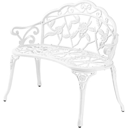 Outdoor patio bench, cast aluminum frame with antique finish, a garden rose bench