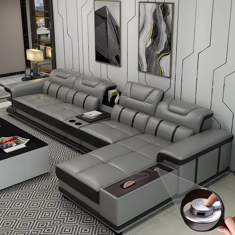 European Home Custom Comfortable Leather Sofa Set Adjustable Head Pillow Genuine Leather Corner Sofa for Living Room Basement